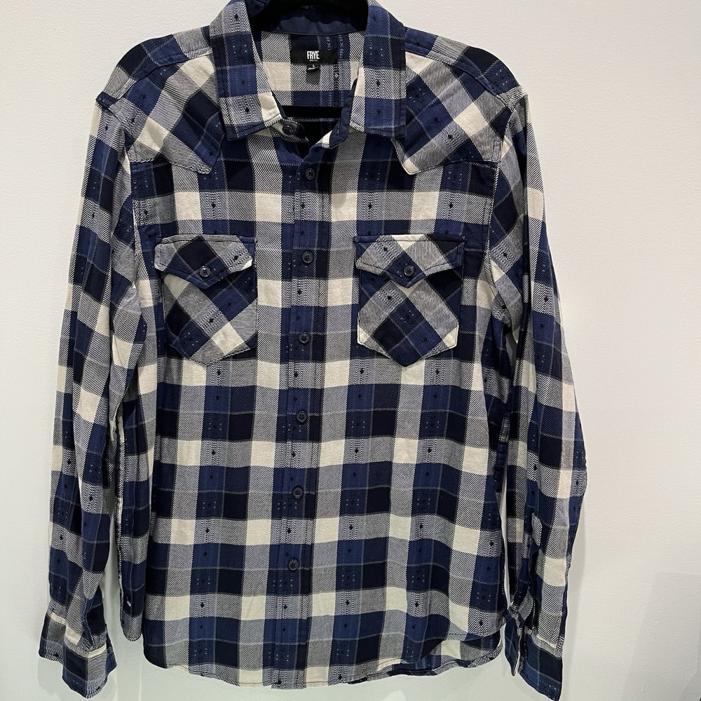 Frye  Shirt Men L Blue Buffalo Plaid Jacquard Flannel Heather Night Sky Cotton